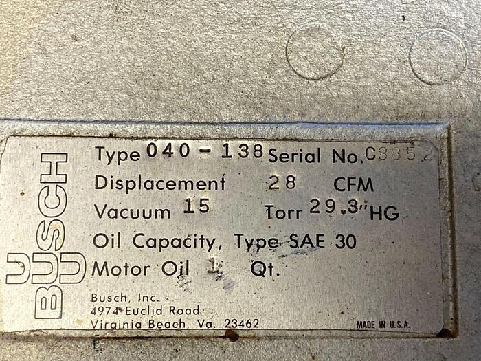 Used Busch 28 Cfm Positive Displacement Vacuum Pump 040-138