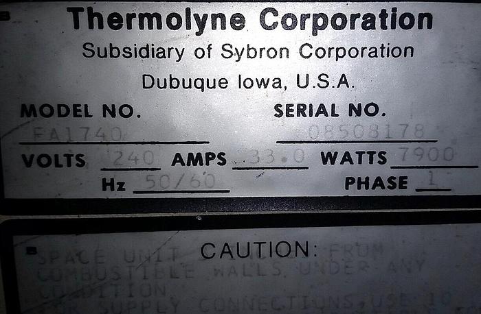 Used Thermolyne Corp Muffle Type Electric Oven/Furnace #A-1740, 240V/1/60, Heat Treat