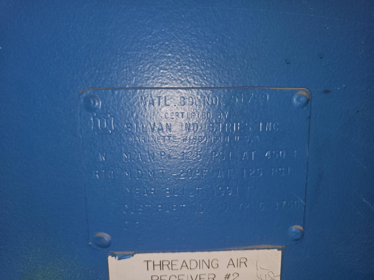Used Silvan Industries 3750 Gallon Vertical Compressed Air Receiver Tank 125 Psi @ 450*F