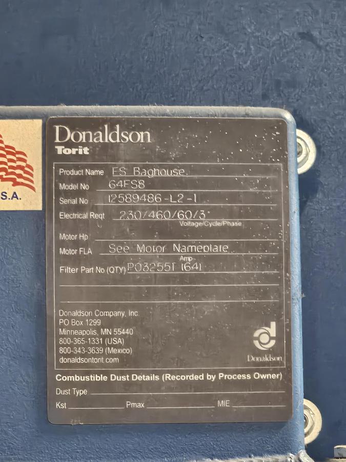 Used 2014 Donaldson Torit 64FS8 Baghouse & Model 30 Cyclone | 25 HP Blower | 10,000 CFM