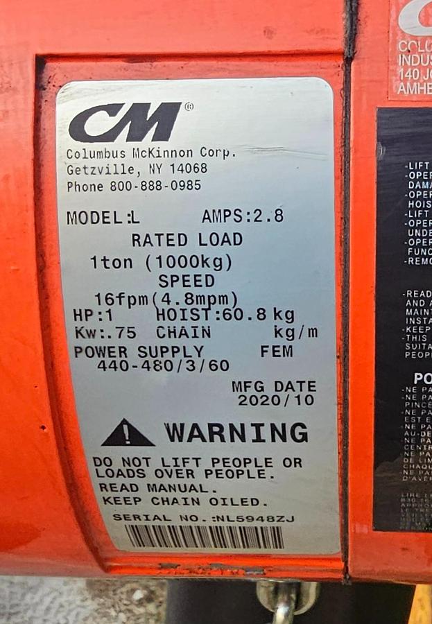 Used 1 Ton Lodestar VS Electric Chain Hoist Model L, 16 FPM Lift Speed, 440-480V 3 Phase