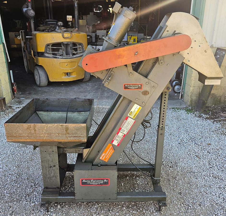 Used Service Engineering Inc. 8" Wide Belt Incline Feed Conveyor Hytrol PC 24" Hopper 