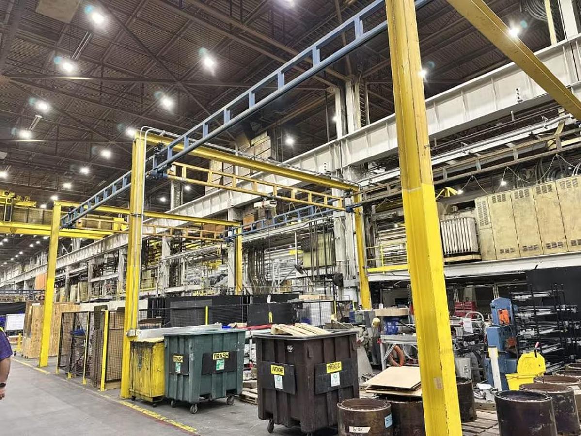 Used 1000# Gorbel 25' Span x 45' Free Standing Twin Bridge Crane System & 1/4 Ton Hoists