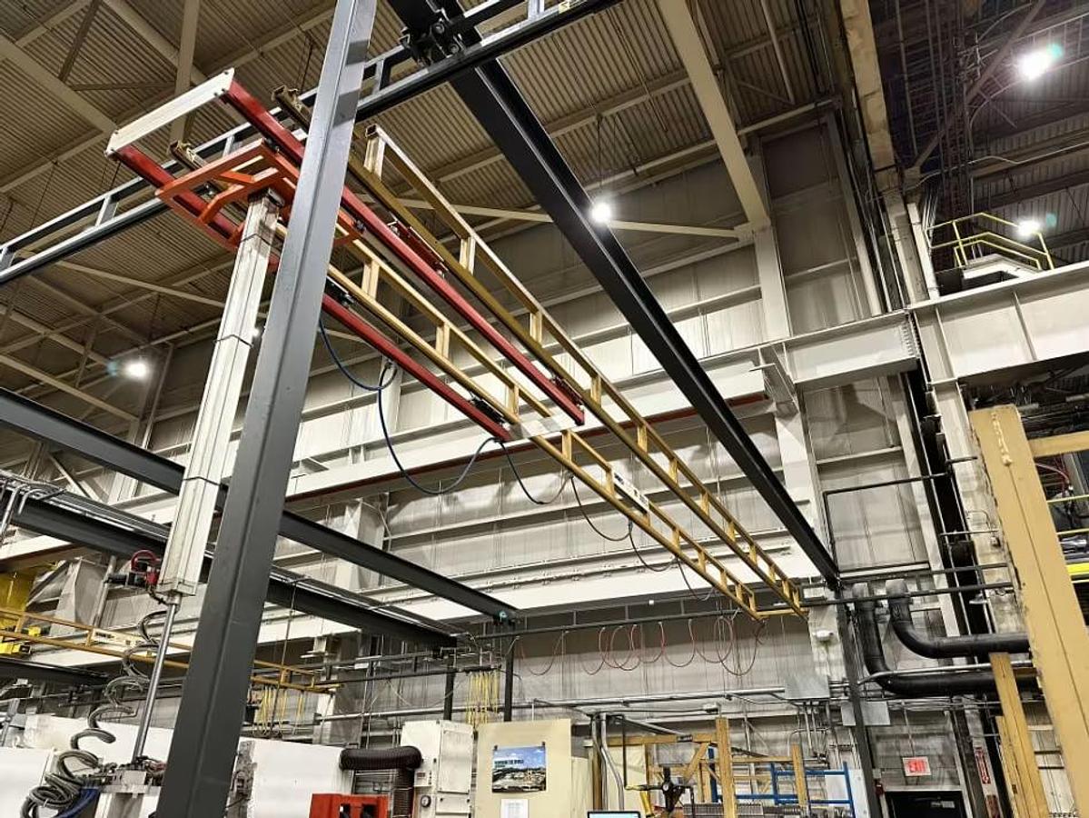 Used 500# Spanco 34' Span x 45' Run Double Girder Freestanding Bridge Crane w/Hoist & Pneumatic Handler