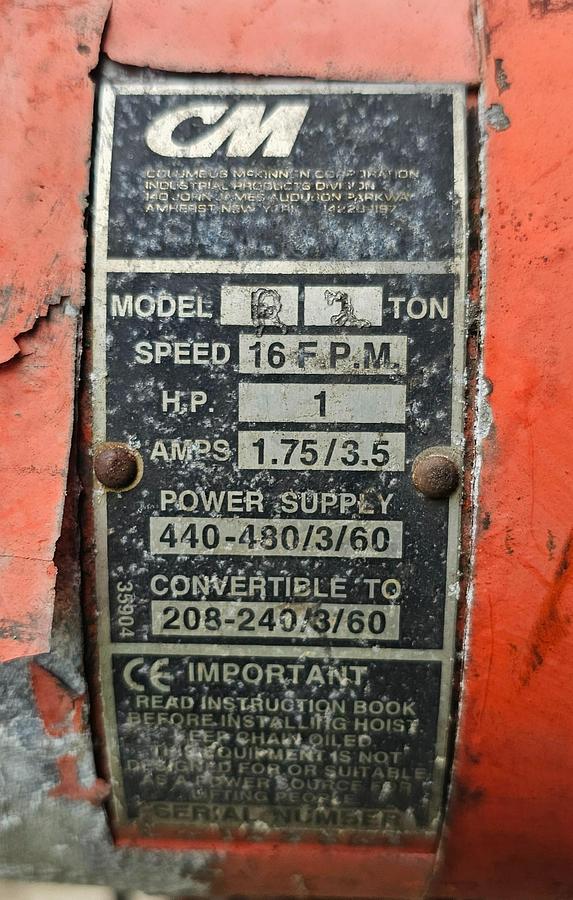 Used 2 Ton CM Lodestar Electric Chain Hoist Model R 15' Lift w/Pendant Control 