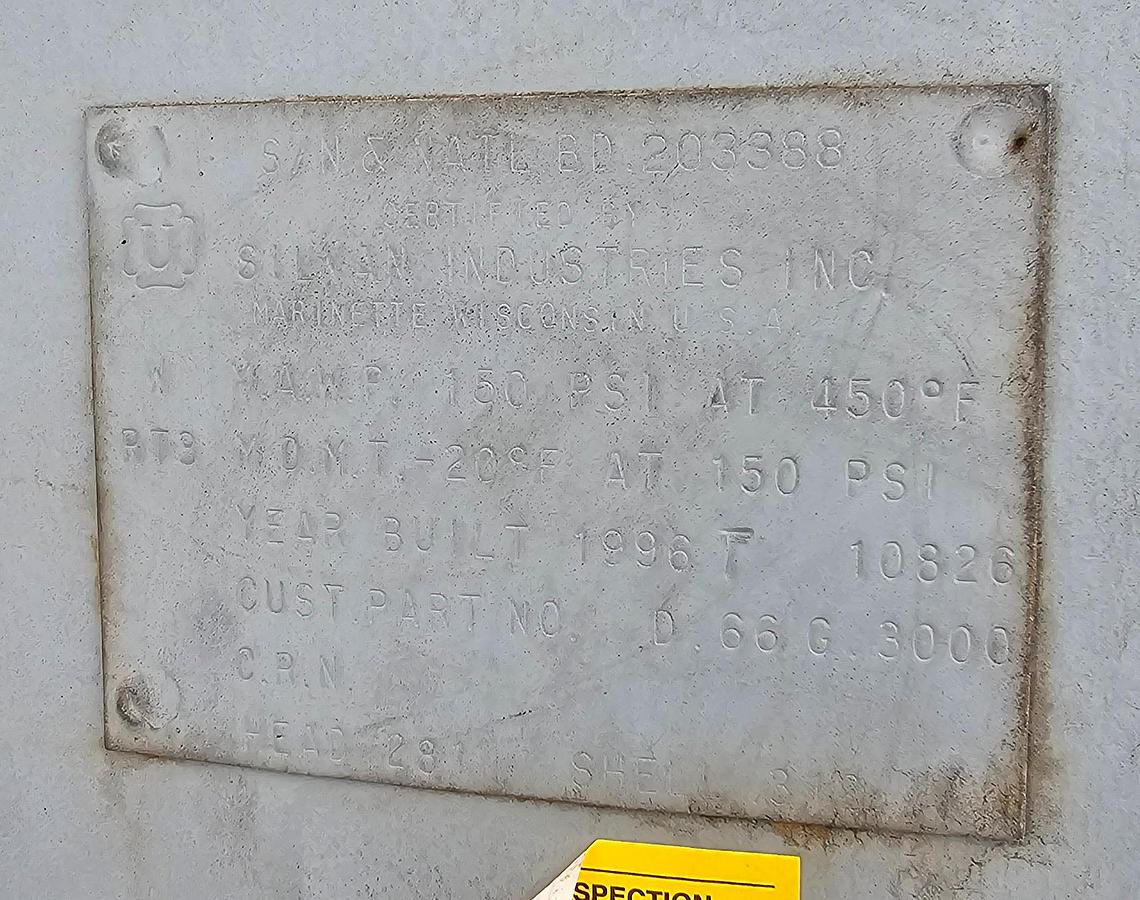 Used 1996 Silvan Industries 3000 Gallon Vertical Compressed Air Tank 150 Psi 