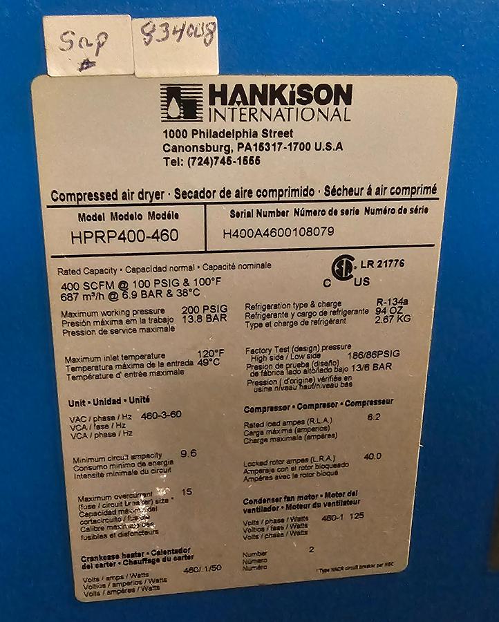 Used 400 SCFM Hankison HPRP400-460 Refrigerated Compressed Air Dryer