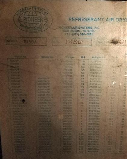 Used 150 CFM Pioneer '1987' R12 Refrigerated Air Dryer #R150A