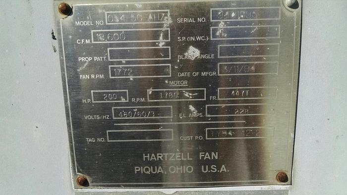 Used 18600-35000 CFM Hartzell 200 Hp Electric Paddle Whl Fan #054-50-AHZ346″ WC/SP