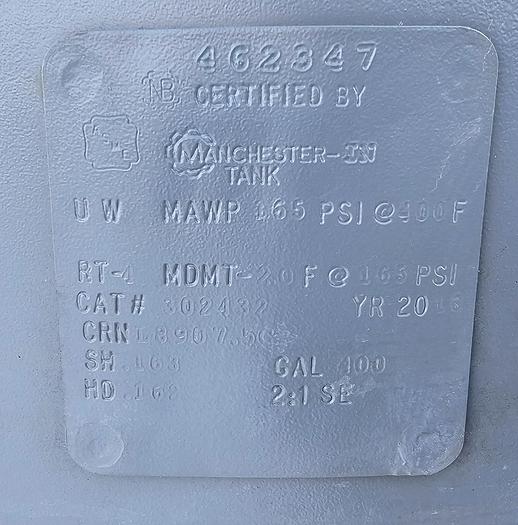 Used 2018 Manchester 400 Gallon Vertical Air Tank 165 Psi @ 400*F 