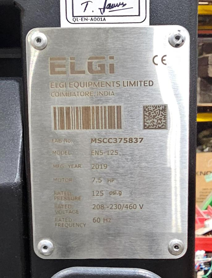 Used 2019 Elgi EN5-125 Rotary Screw Air Compressor | 4,000 Hours | 7.5 HP | 27 CFM