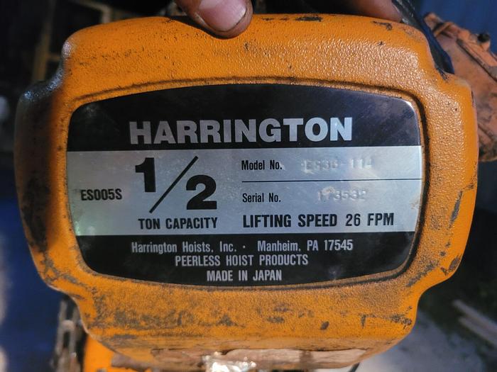 Used Harrington ES005S Series 1/2 Ton Electric Chain Hoist ES3B-114 26 FPM Lift Speed