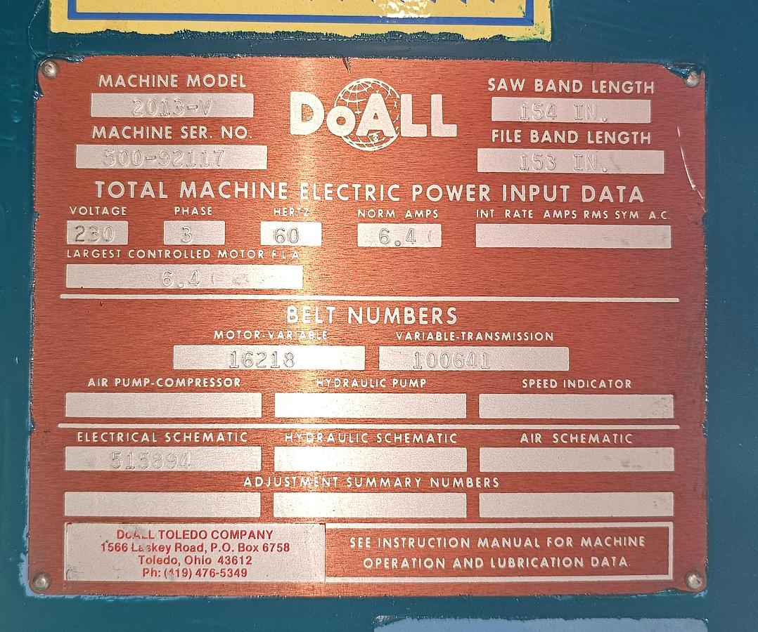 Used 20" Doall 2013-V Industrial Vertical Bandsaw 13" Throat - Variable Speed - CLEAN!!!