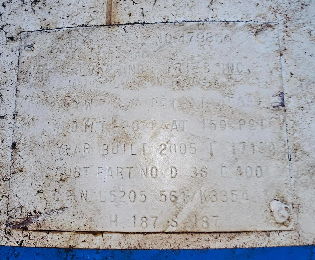 Used 2005 Silvan Industries 400 Gallon Vertical Compressed Air Tank 150 Psi @ 450*F 