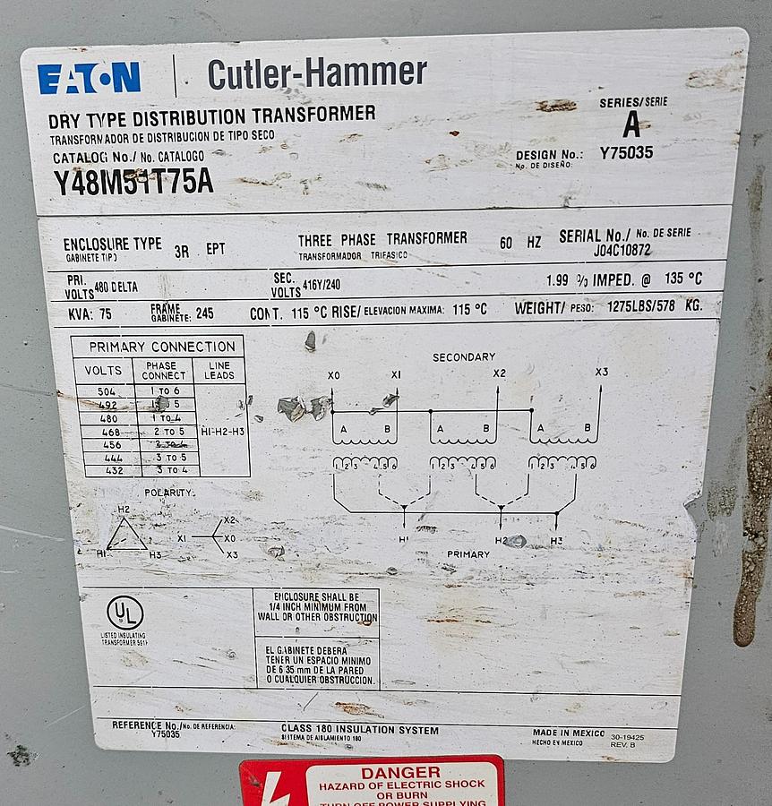 Used 75 KVA Cutler Hammer Y48M51T75A Transformer 480 Delta H.V. to 240 L.V. Three Phase