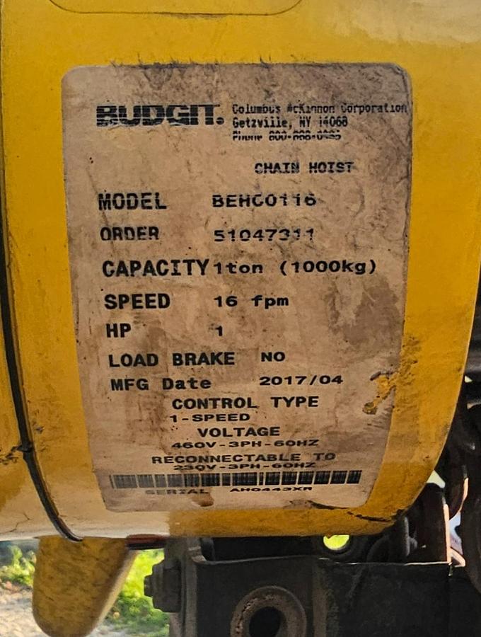 Used 1 Ton Budgit BEHC0116 Electric Chain Hoist, 16 FPM Lift Speed, 15' Lift