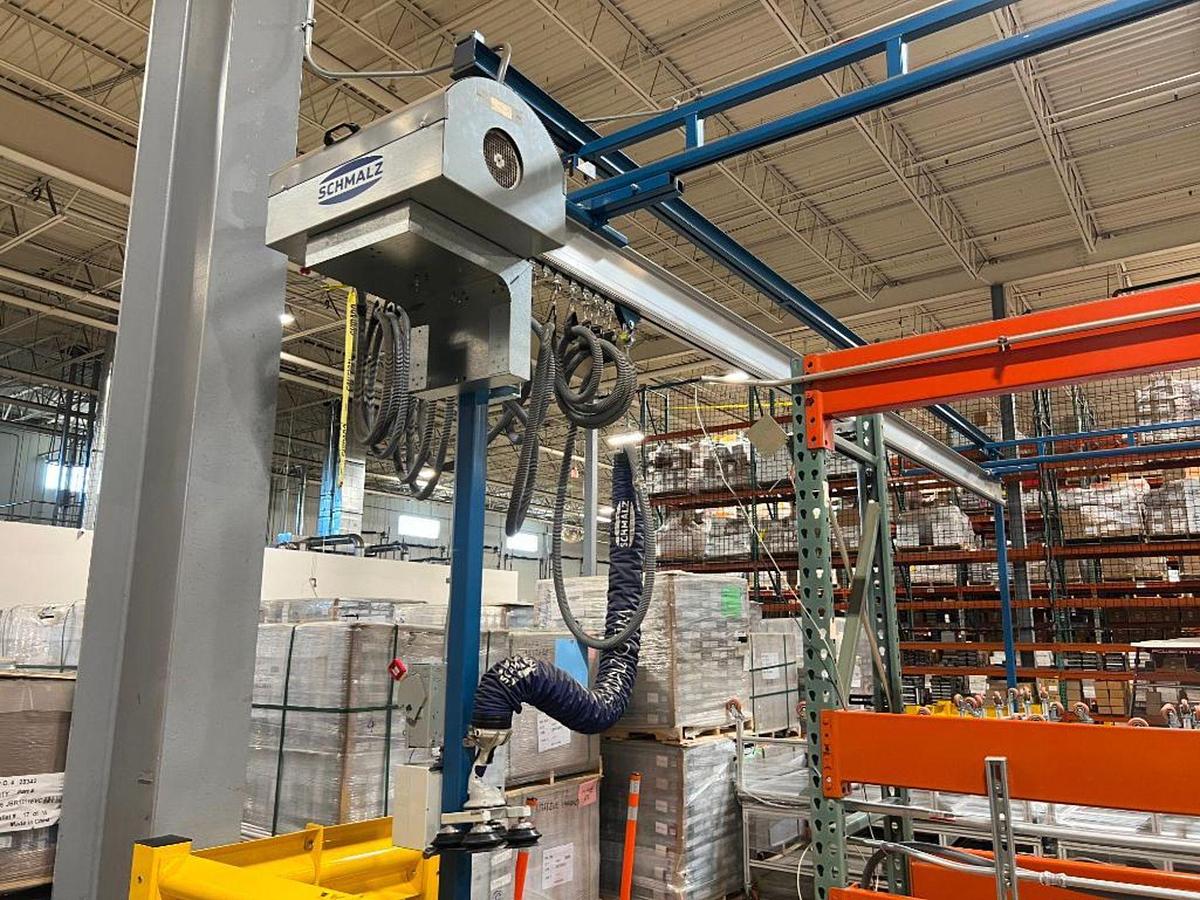 Used 250# Gorbel Twin Bridge Freestanding Crane 26' Span x 45' Runway w/ Schmalz 50 Kg Vacuum Lift Systems 