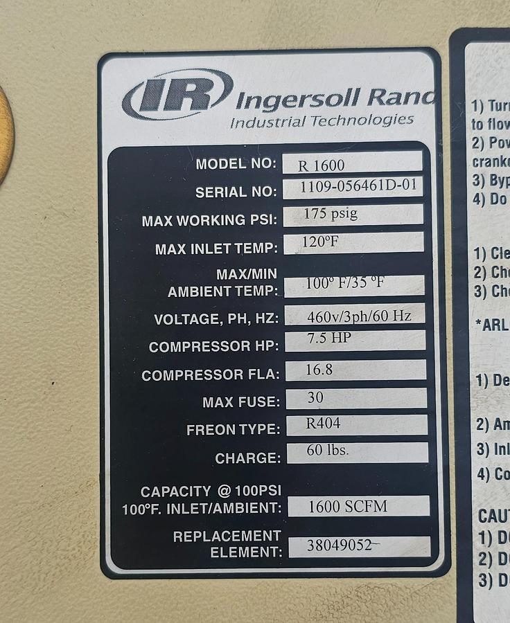 Used 1600 SCFM Ingersoll Rand R-1600 Refrigerated Compressed Air Dryer