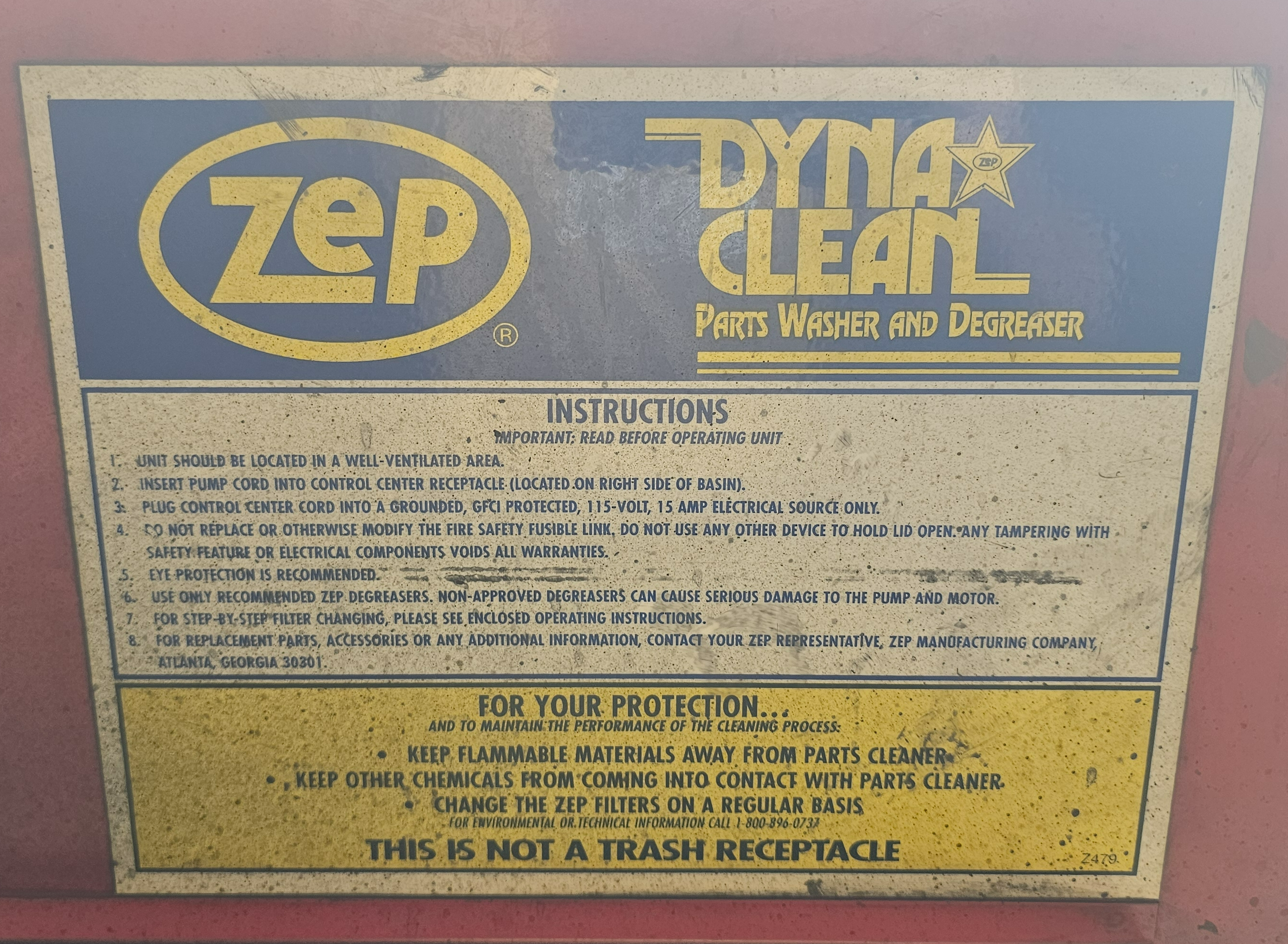 Used Zep Dyna-Clean Industrial Solvent Parts Washer, Split-Lid, 30 Gal Drum, 115V