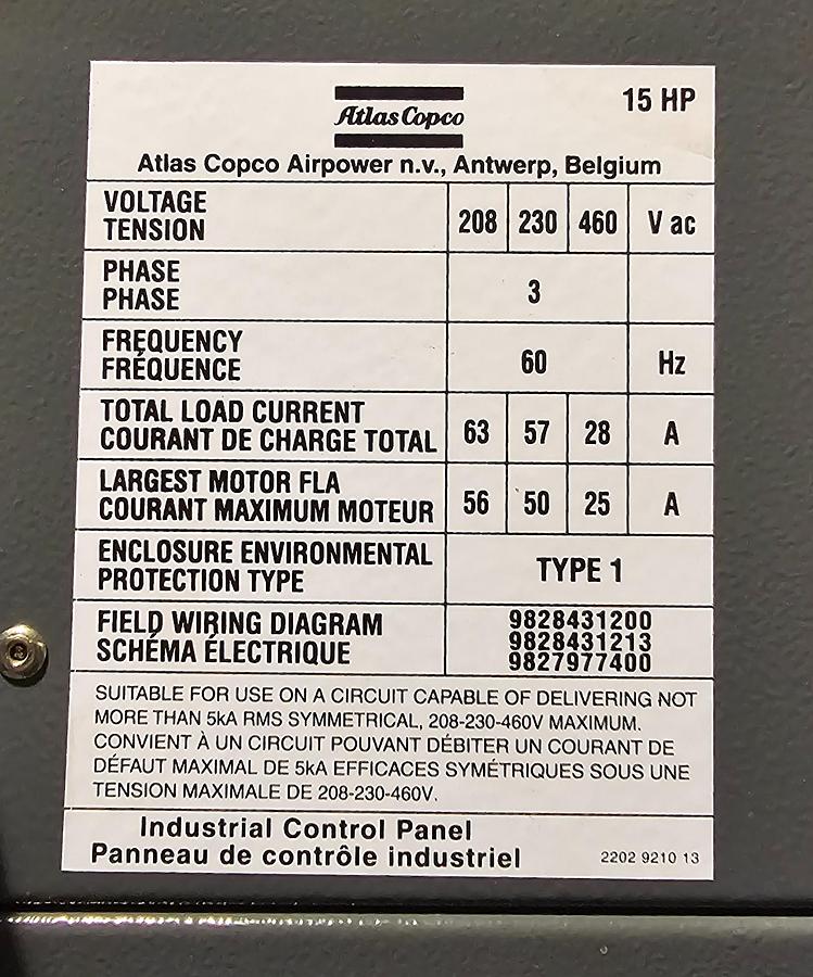 Used 2015 Atlas Copco GA11FF 15 Hp Rotary Screw Air Compressor - Only 3138 Hours!!