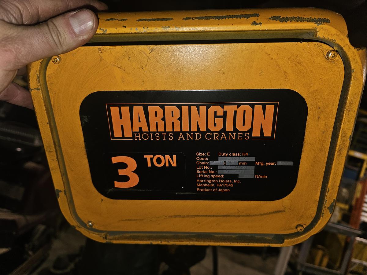 Used 3 Ton Harrington ER030C Electric Chain Hoist & Power Trolley MR2030S 