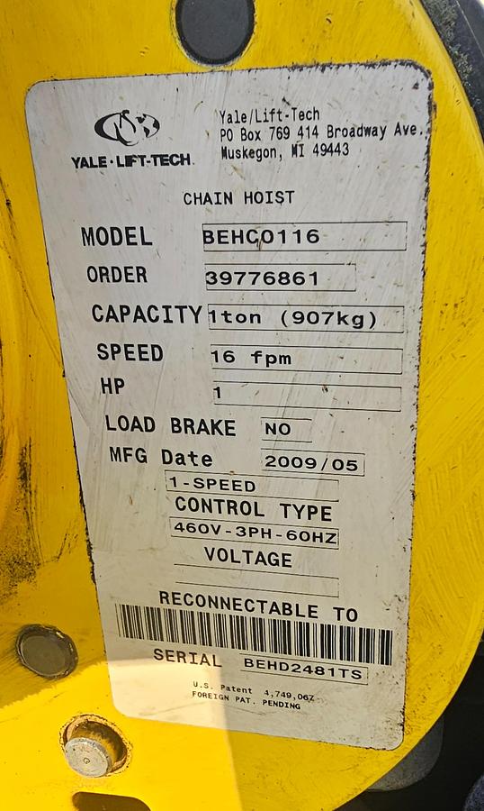 Used 1 Ton Budgit BEHC0116 Electric Chain Hoist, 16 FPM Lift Speed, 15' Lift