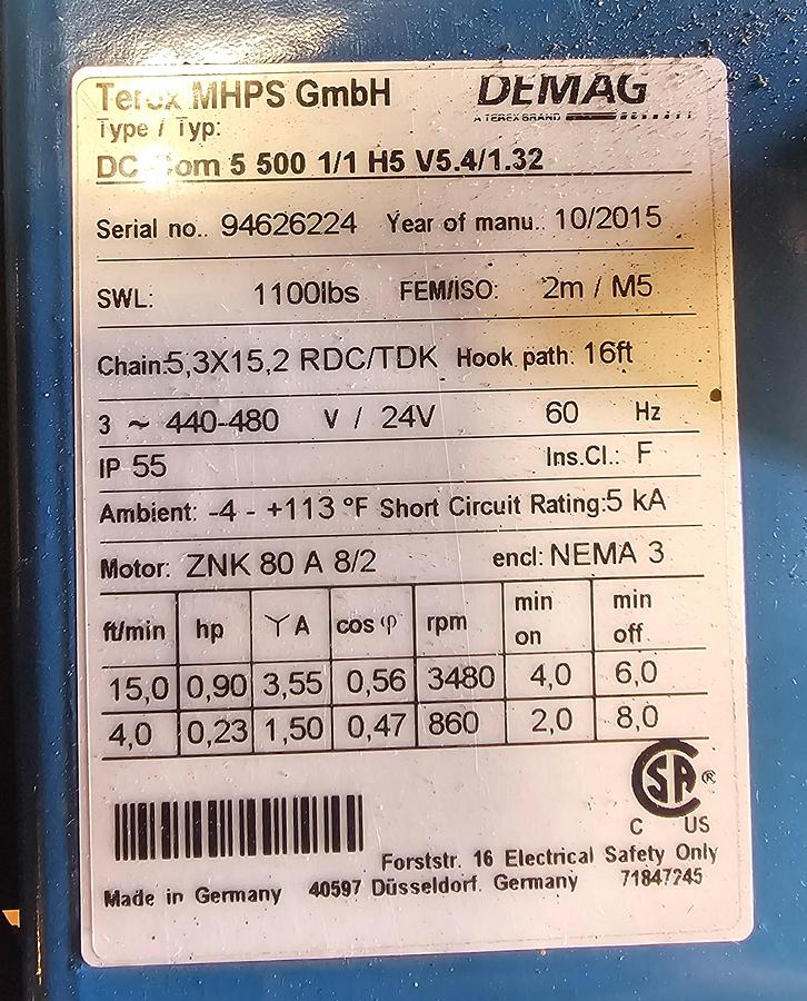 Used 1100# Demag DC-COM 5 500 1/1 H5 Overhead Electric Chain Hoist & Pendant 