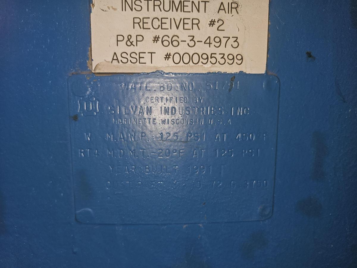 Used Silvan Industries 3750 Gallon Vertical Compressed Air Receiver Tank 125 Psi @ 450*F