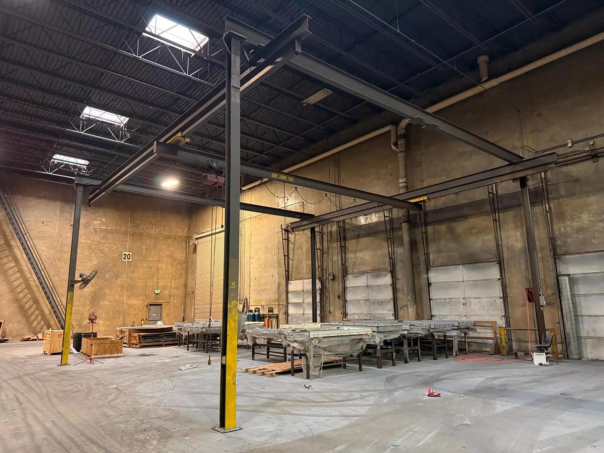 Used 2000# Shop Built 33' Span x 40' Runway Freestanding Bridge Crane & 1 Ton Hoist 