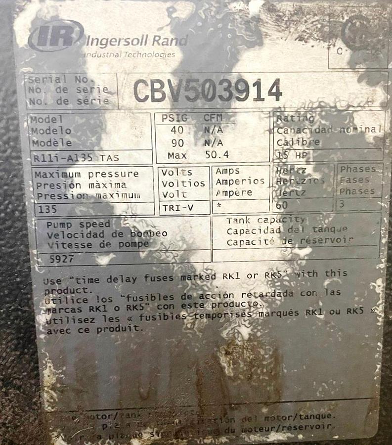 Used 15 Hp Ingersoll Rand R11i-A135 TAS Rotary Screw Air Compressor w/400 Gallon Horizontal Tank 