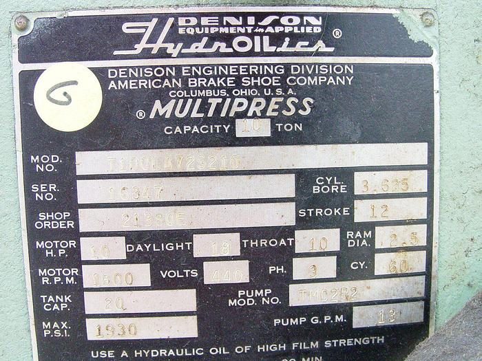 Used 10 Ton Denison C-Frame Hydraulic Multi-Press w/Safety Enclosure #T100LA72S210