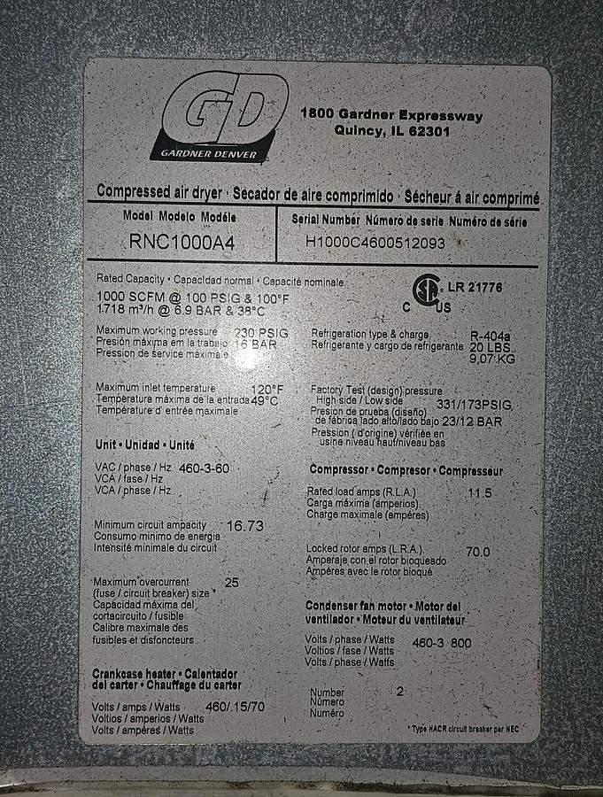 Used 1000 SCFM Gardner Denver RNC Series Refrigerated Air Dryer RNC1000A4