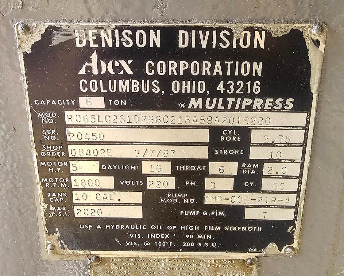 Used 6-Ton Denison Multipress C-Frame Hydraulic Press, 5 HP, Model R065LC261D266C218A59A201S220