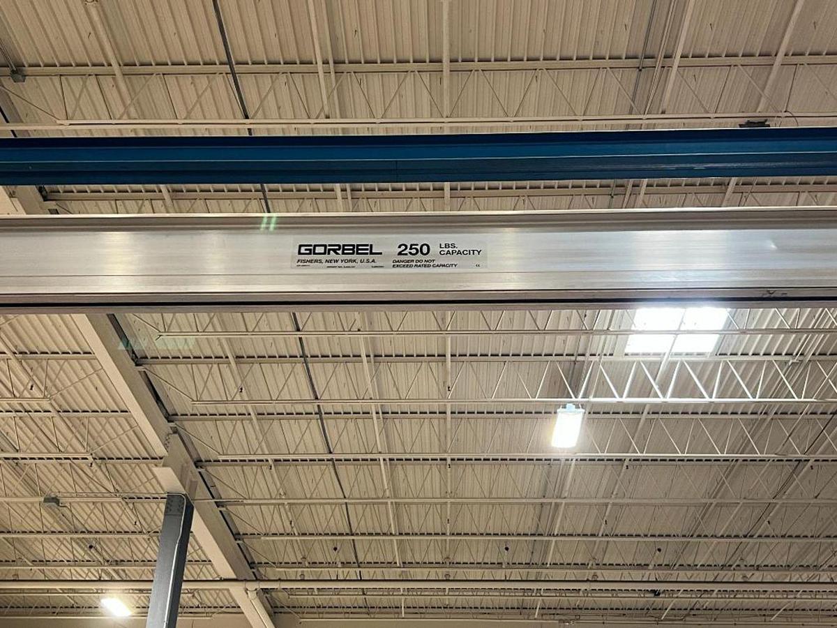 Used 250# Gorbel Twin Bridge Freestanding Crane 26' Span x 45' Runway w/ Schmalz 50 Kg Vacuum Lift Systems 