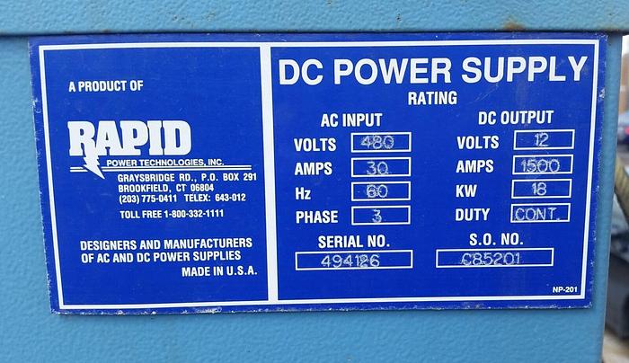 Used 1500 Amp 480V Rapid Power Technology Plating Rectifier 18 KW 12V DC Power Supply