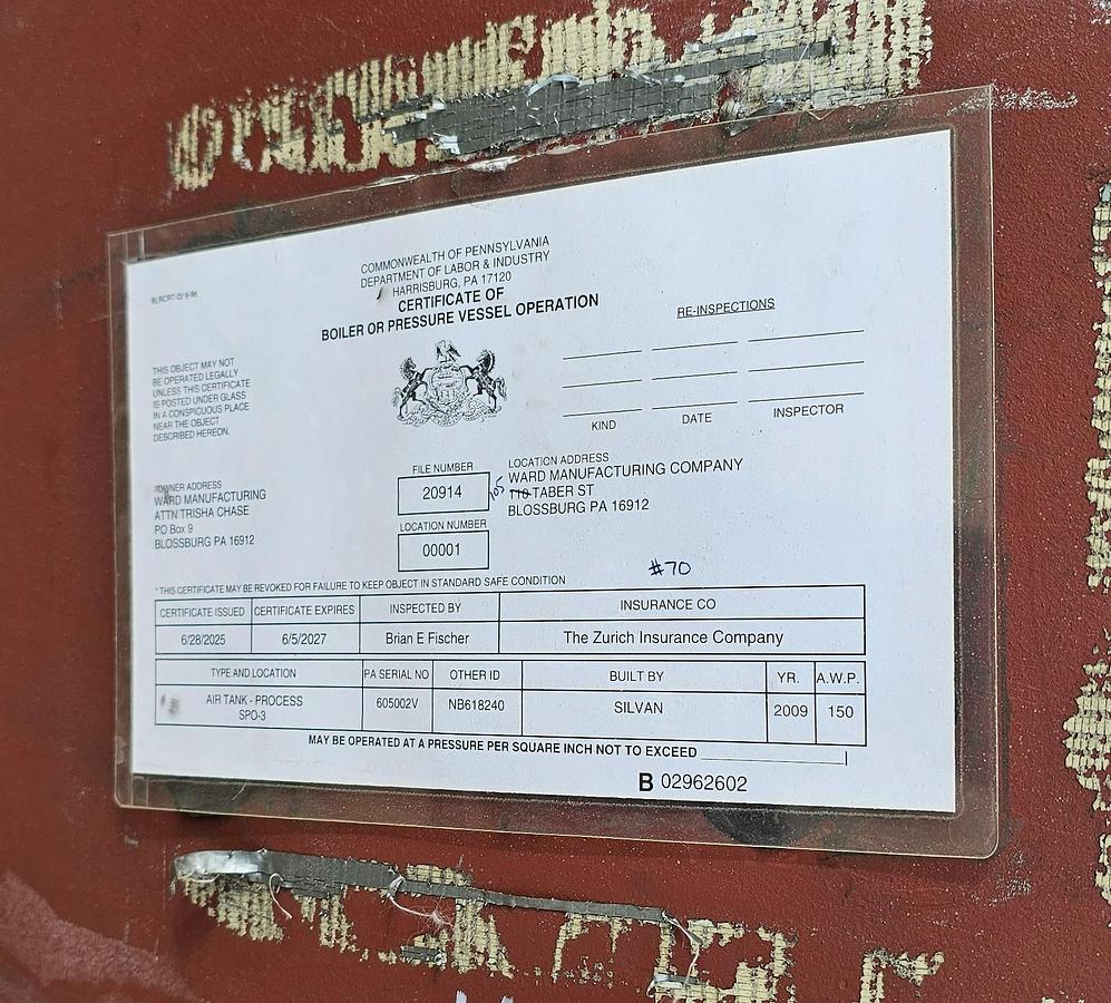 Used 2,200 Gallon Silvan Air Storage Tank | 2009 | 150 PSI | ASME Section VIII