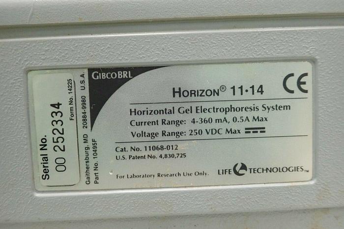 Used Life Technologies GibcoBRL Horizon 11-14 Horizontal Gel Electrophoresis System