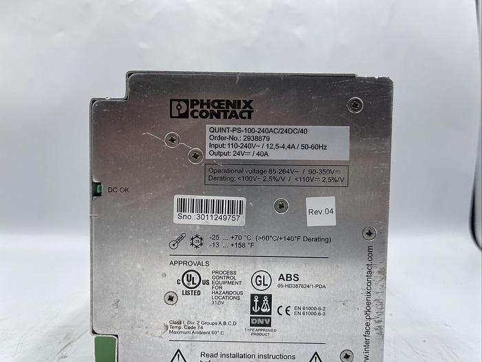 Used PHOENIX QUINT-PS-100-240AC/24DC/40 POWER SUPPLY