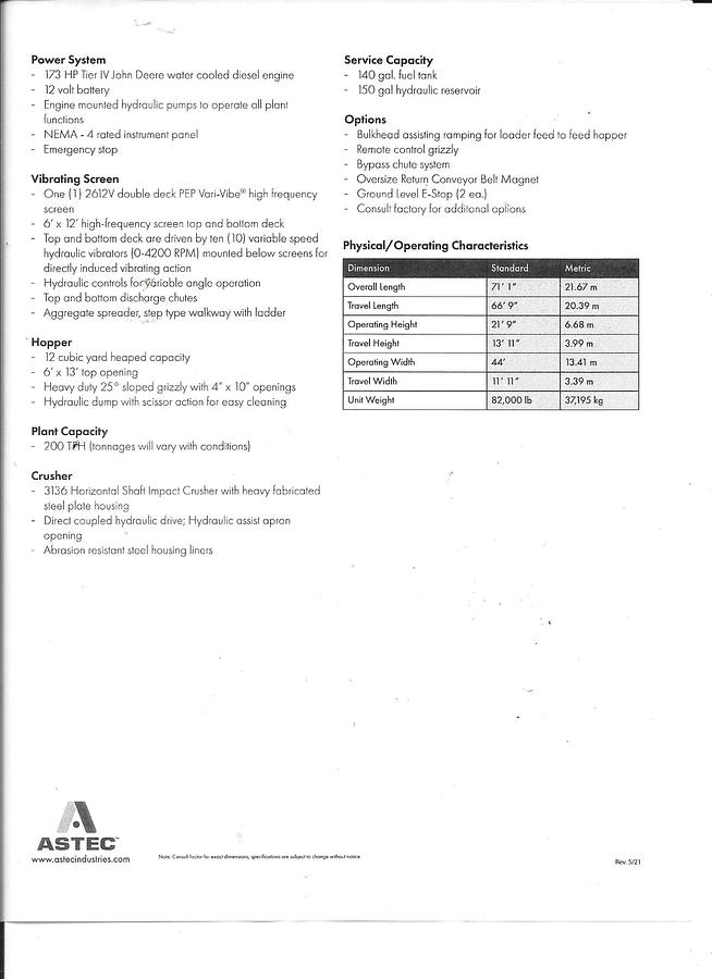 Used ASTEC "PRO SIZER" Model 3100  Portable “Pro Sizer” Milled Asphalt Crusher Screening Plant