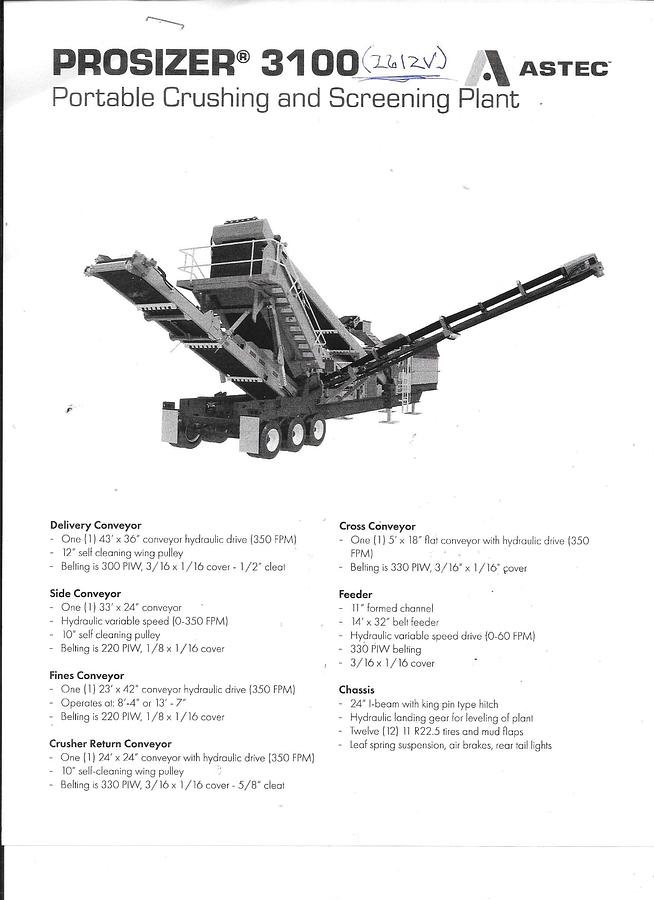 Used ASTEC "PRO SIZER" Model 3100  Portable “Pro Sizer” Milled Asphalt Crusher Screening Plant
