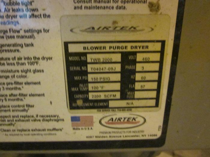Refurbished Airtek regenerative desiccant compressed Air dryer heated blower purge 2200 CFM