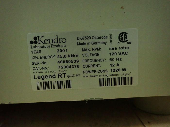 Used Sorvall Kendro 75004376 Legend RT Refrigerated Laboratory Centrifuge with Rotor