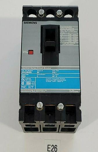 Used *PREOWNED* SIEMENS ED23B080 TYPE ED2 80 AMP 3 POLE Circuit Breaker + WARRANTY!