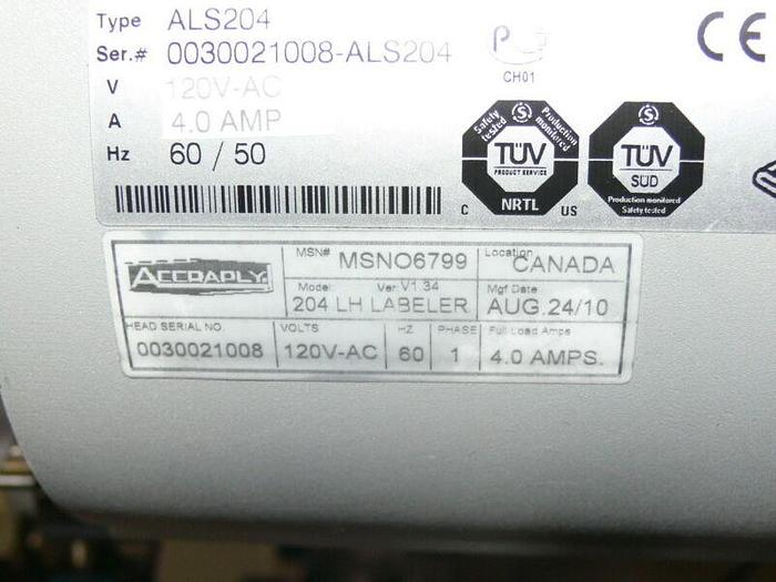 Used Accraply Pressure sensitive Side Labeler MSNO6799 w/ Dorner 2200 Conveyor