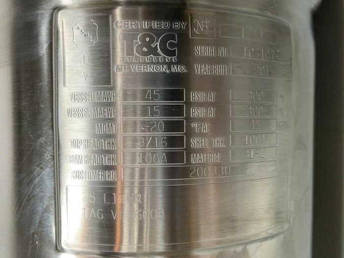 Used T&C 25 Liter Stainless Steel Pressure Vessel 12" w/ Top & Side Glass View Ports
