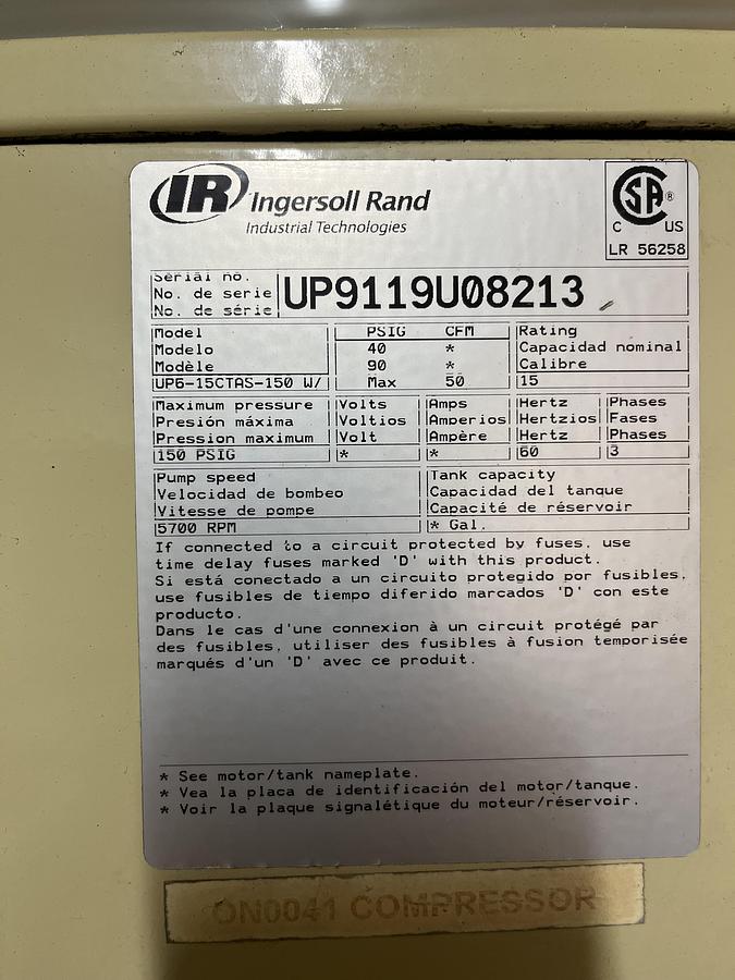 Used Used Ingersoll-Rand Rotary Screw Compressor with Air Dryer, Model UP6-15CTAS-150-W