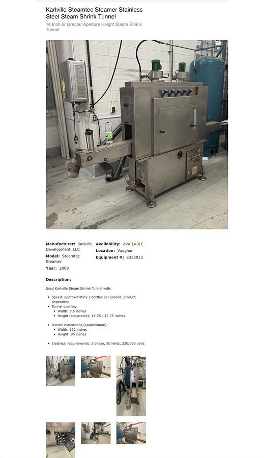 Used Used Stainless Steel Karlville Steam Tunnel, Model Steamtec Steamer