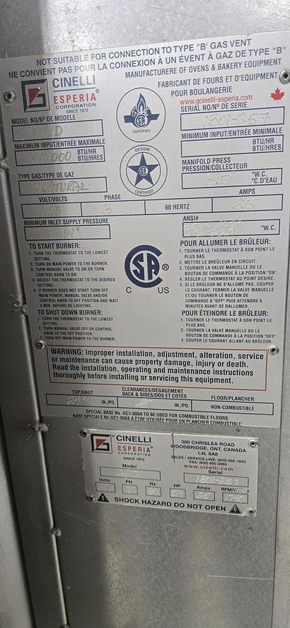 Used Used Cinelli Stainless Steel Natural Gas Double Rack Oven, Model CG/ID