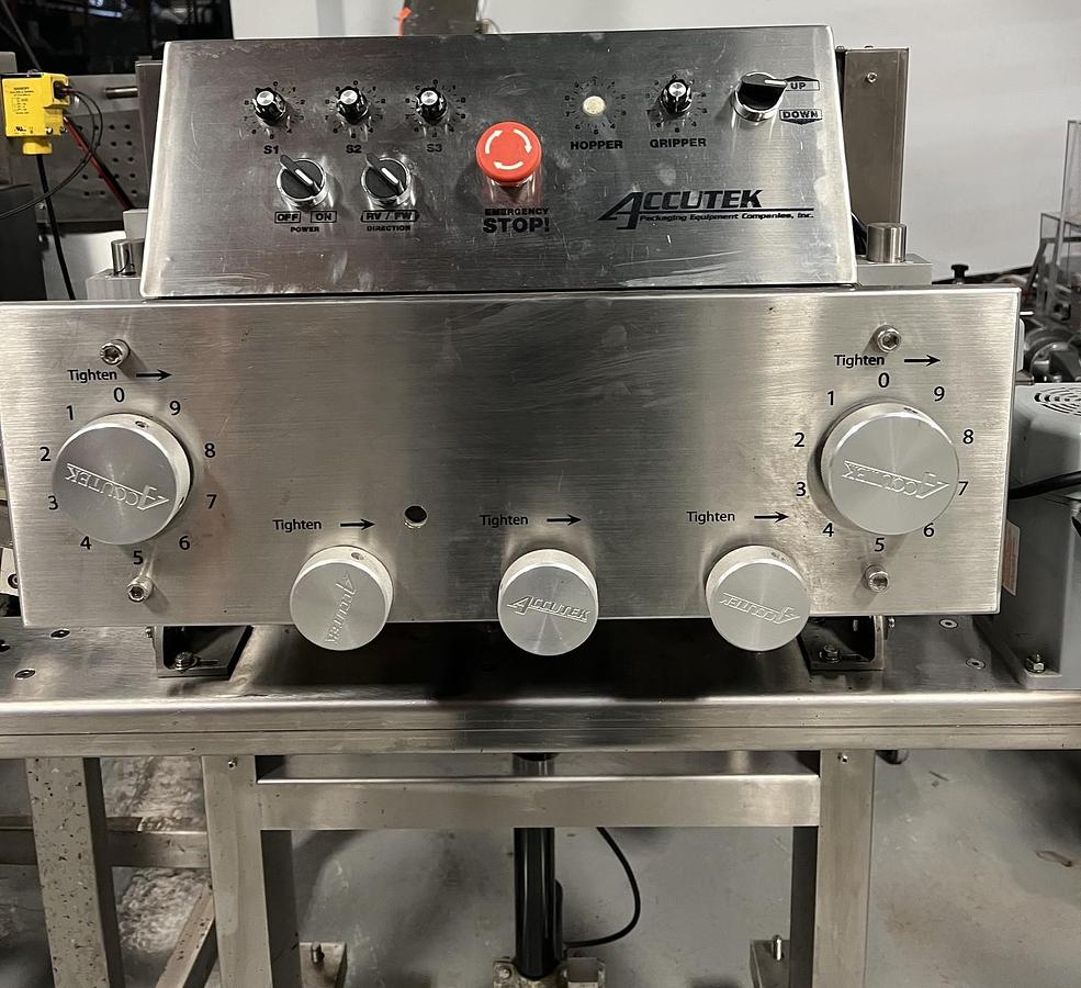 Used Used Accutek Automatic Stainless Steel 3 Quill Inline Capper with Cap Hopper and Elevator