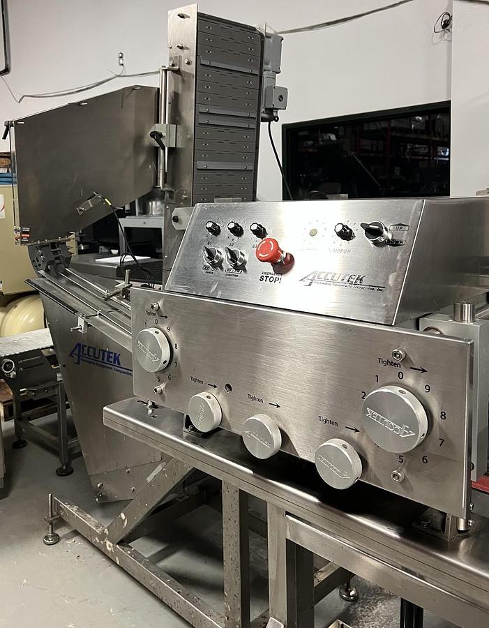 Used Used Accutek Automatic Stainless Steel 3 Quill Inline Capper with Cap Hopper and Elevator